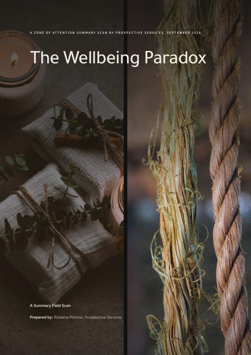 Cover of The Wellbeing Paradox field scan summary by Rowena Morrow, Prospective Services